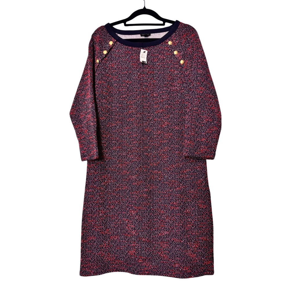 Talbots Women's Crew Neck Sweater Dress Navy Red‎ Textured Button Detail Size M